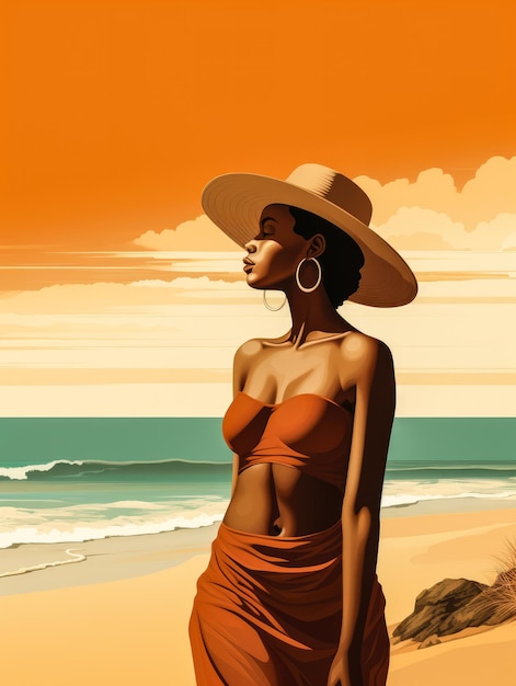 Ilustración de una mujer afroamericana en la playa