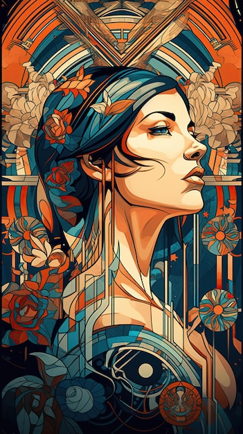 Ilustración de mujer y art deco generada por IA