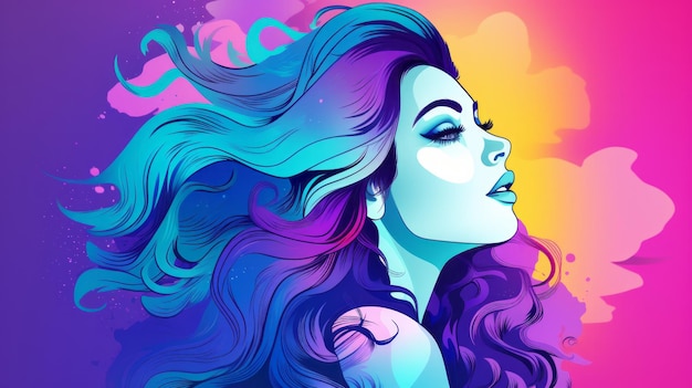 Ilustración de una mujer artista con llamativos ojos azules y cabello largo