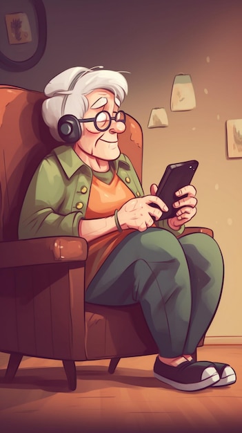 una ilustración de una mujer con auriculares y un teléfono.