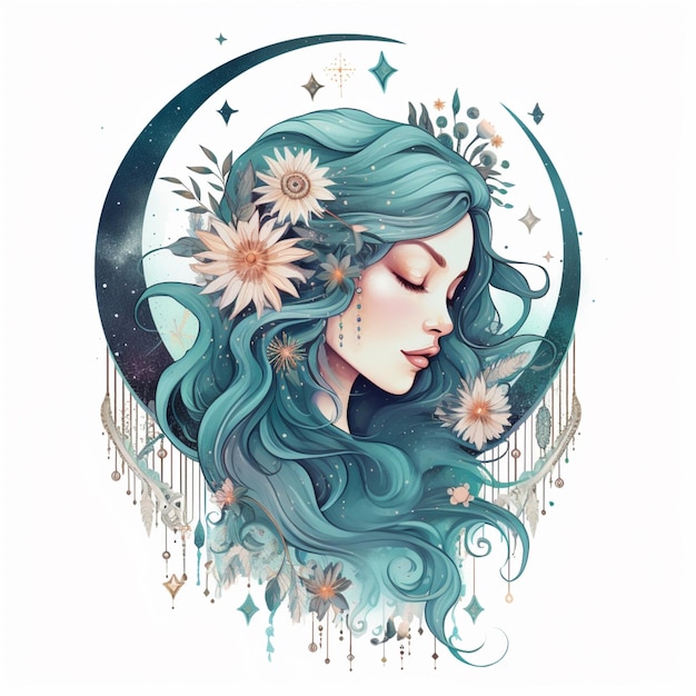 Ilustración de una mujer con cabello azul y flores en su cabello generativo ai