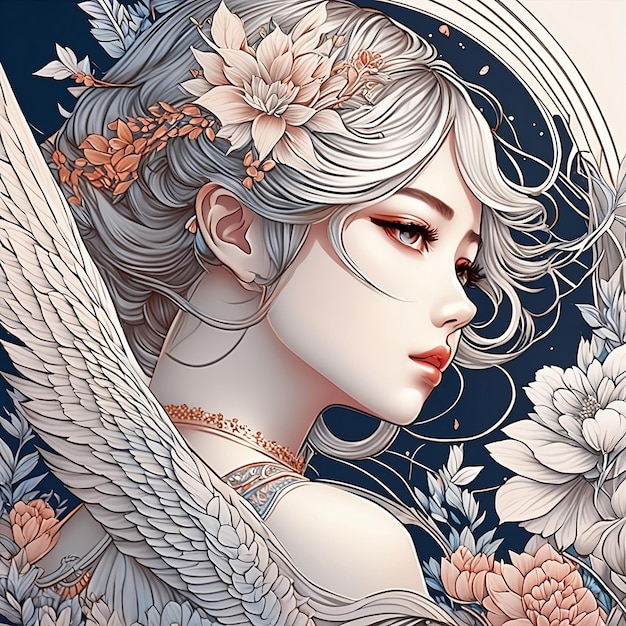 una ilustración de una mujer con cabello blanco y alas de ángel imágenes generadas por ai