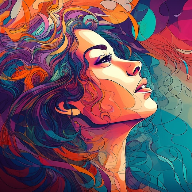 Ilustración de una mujer con cabello colorido y una mariposa en su cabello generativo ai
