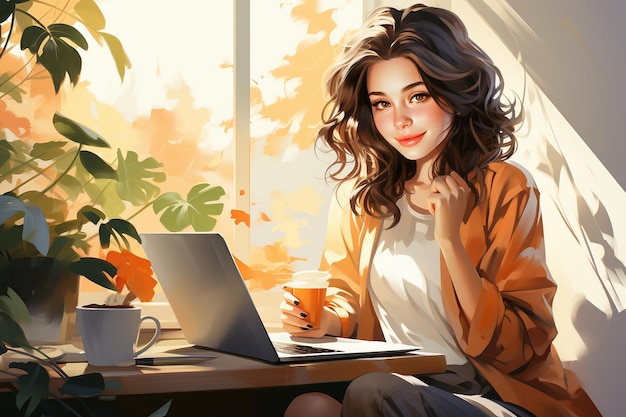 ilustración de una mujer con café en la oficina