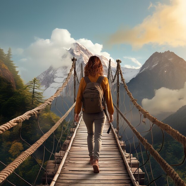 Ilustración de una mujer caminando sobre un puente sobre una montaña al estilo