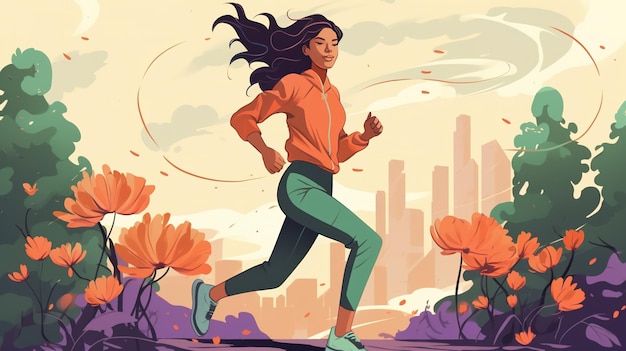 Foto ilustración de una mujer corriendo en el parque una mujer sana corriendo en un parque corriendo con vista a la ciudad