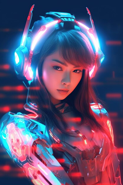 Ilustración de una mujer cyborg y antecedentes de tecnología Ai Generado por IA
