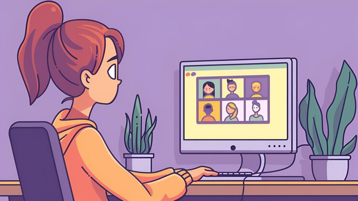 Foto ilustración de una mujer en un escritorio centrada en una videoconferencia con varias personas en colores pastel