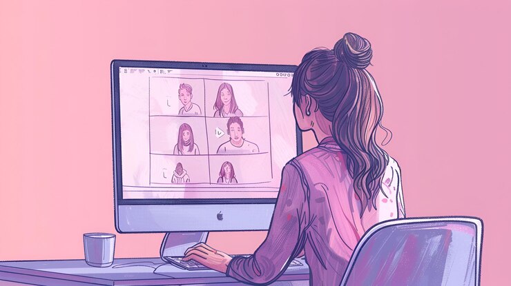 Foto ilustración de una mujer en un escritorio centrada en una videoconferencia con varias personas en colores pastel