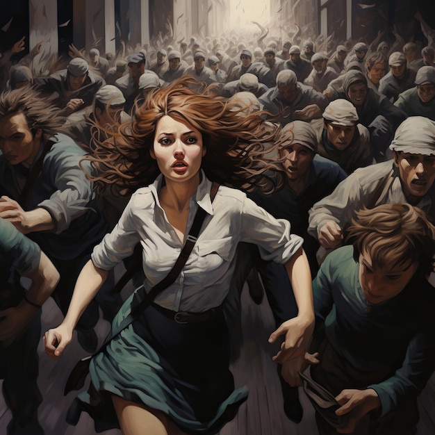 Ilustración de Una mujer está corriendo a través de una multitud de personas