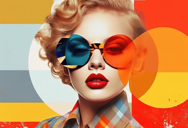 una ilustración de una mujer con gafas de sol colgando en un papel en el estilo de collage vibrante