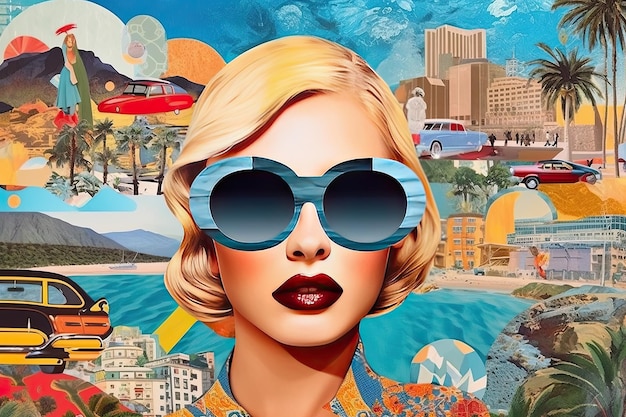 Ilustración de una mujer con gafas de sol en un estilo inspirado en el arte pop y la composición de ensueño viajar glamour retro AI generativa