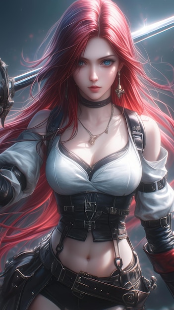 Ilustración de una mujer guerrera de pelo rojo