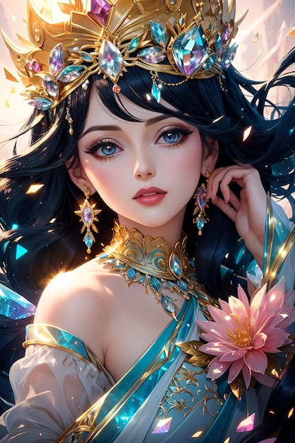 Ilustración de una mujer hermosa con alta costura y una colorida corona de cristal con un cabello impresionante