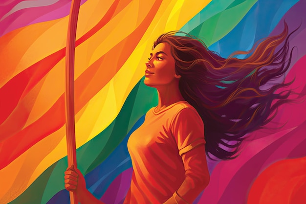 Ilustración de una mujer hermosa con una bandera del arco iris en la mano