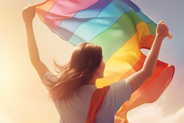 Ilustración de una mujer hermosa con una bandera del arco iris en la mano