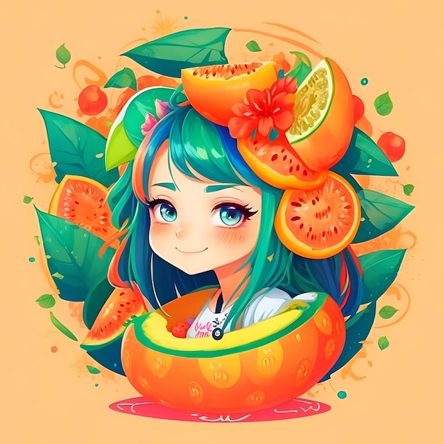 Ilustración de una mujer hermosa en un marco de frutas