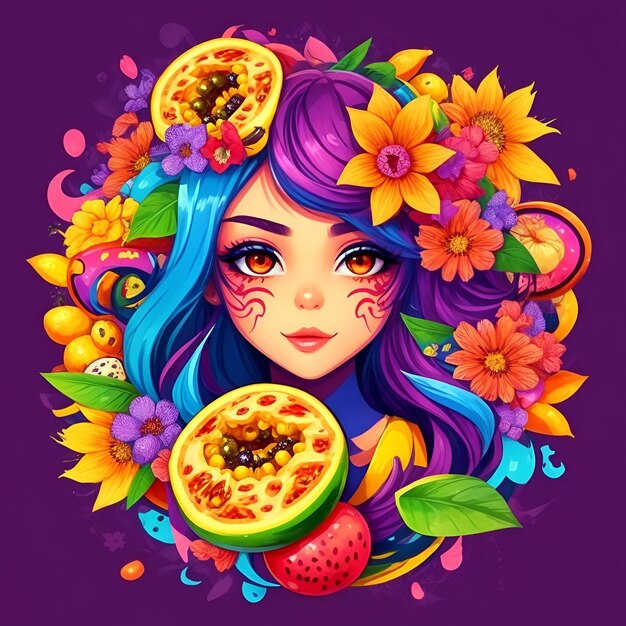 Ilustración de una mujer hermosa en un marco de frutas