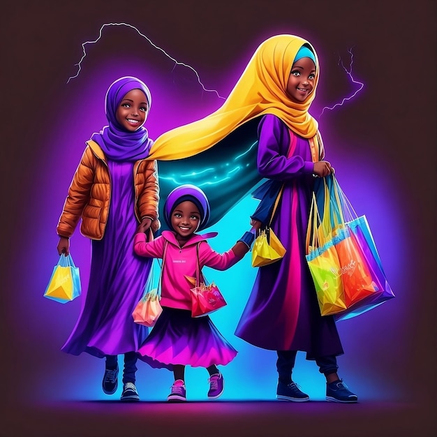 Ilustración de una mujer con hijab y su familia con bolsas de compras