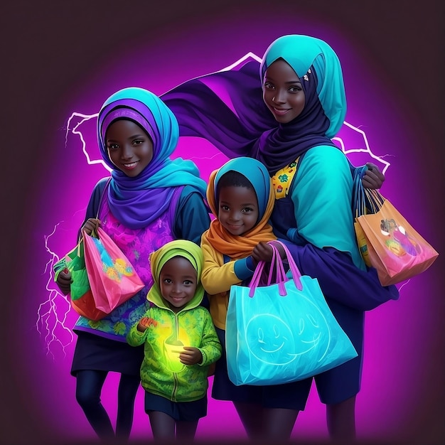 Ilustración de una mujer con hijab y su familia con bolsas de compras