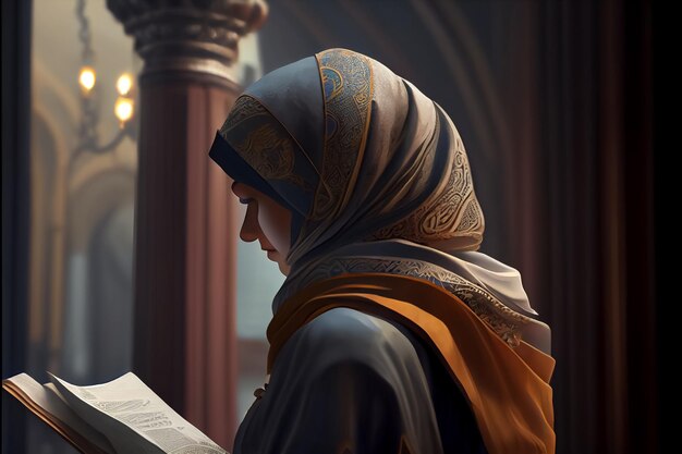 Ilustración de mujer en hiyab rezando en la mezquita