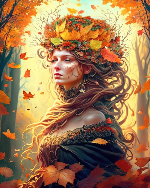 Ilustración de una mujer con hojas de otoño y tonos naranja