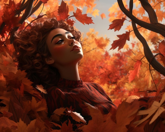 una ilustración de una mujer en hojas de otoño