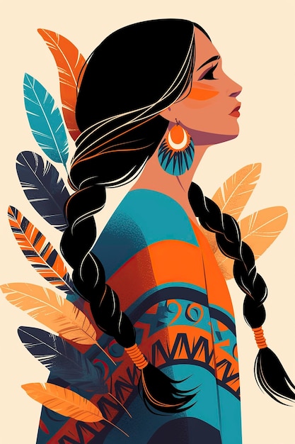 Ilustración una mujer india nativa con plumas en la cabeza