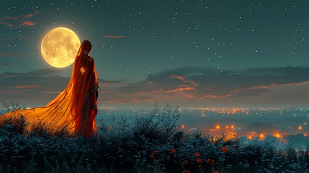 Foto ilustración mujer india realizando el festival de matrimonio hindú karwa cahuth mirando a la luna a través de la raspa