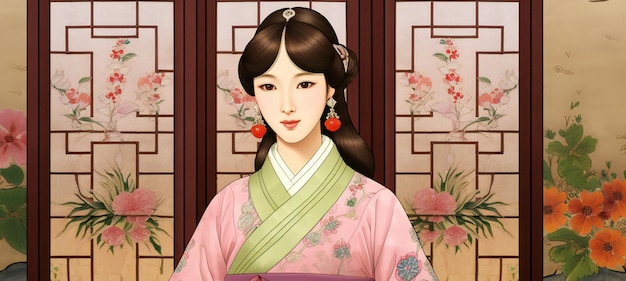 Ilustración de una mujer japonesa con un kimono tradicional