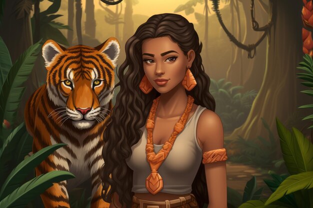 una ilustración de una mujer en la jungla con un tigre