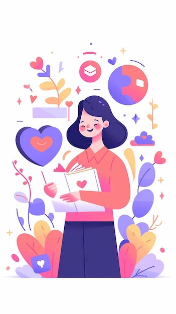 Foto ilustración de una mujer leyendo un libro rodeada de corazones y flores