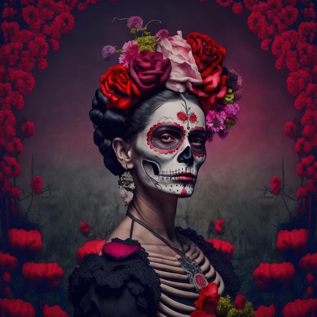 ilustración de una mujer maquillada y vestida con calavera Día de los Muertos o Da de los Muertos