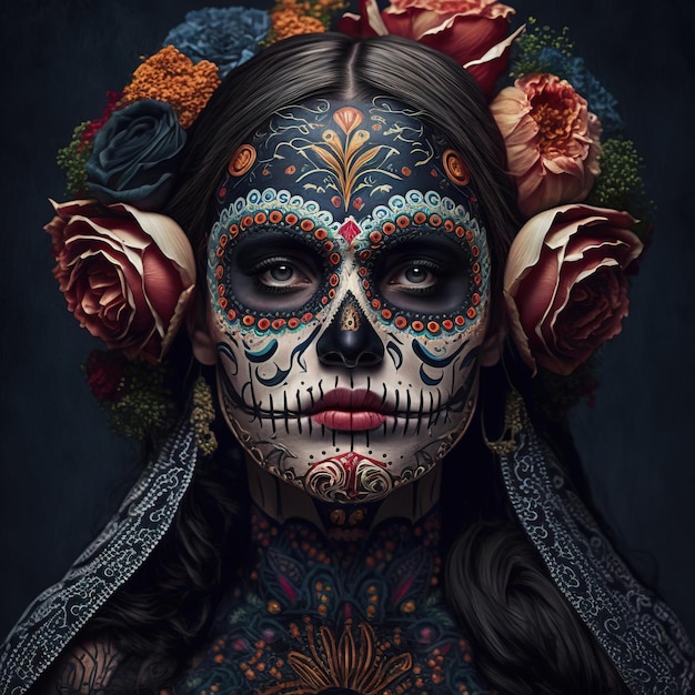 ilustración de una mujer maquillada y vestida con calavera Día de los Muertos o Da de los Muertos