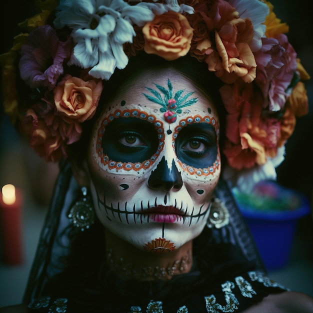 ilustración de una mujer maquillada y vestida con calavera Día de los Muertos o Da de los Muertos