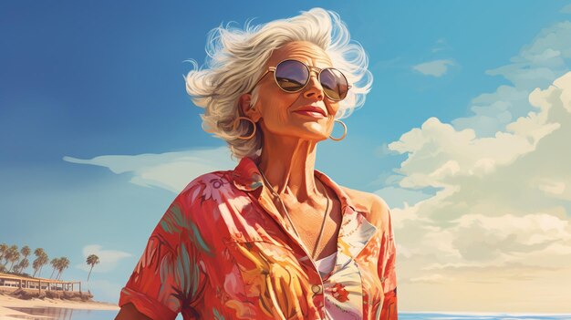 Ilustración de una mujer mayor madura en la costa de la playa
