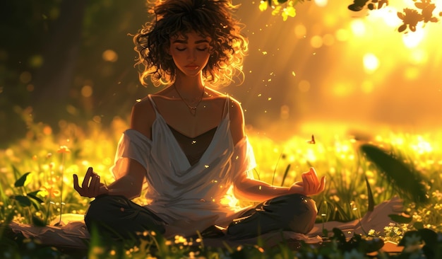 Ilustración de una mujer en meditación rodeada de naturaleza luminosa