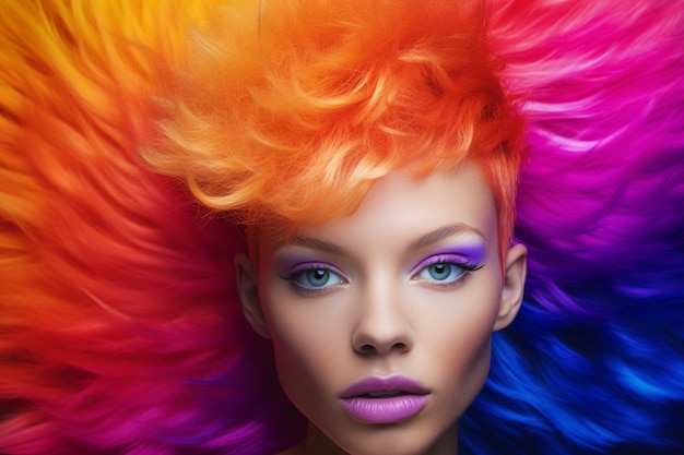 La ilustración de una mujer de moda con cabello colorido que muestra una expresión emocionada está posando en un fondo