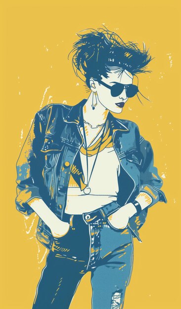 Ilustración de mujer de moda retro con gafas de sol azules