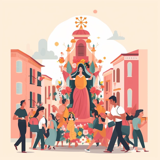 Una ilustración de una mujer en una multitud con una estatua de una mujer con un vestido amarillo.