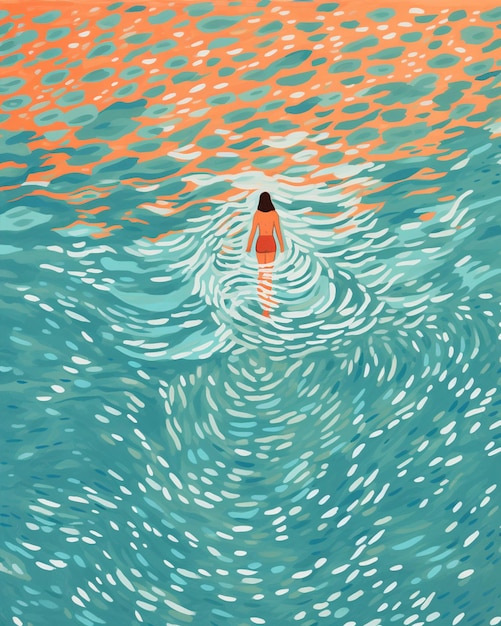 Ilustración de una mujer nadando en el océano con una tabla de surf generativa ai