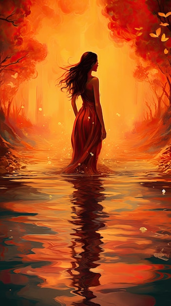 ilustración de una mujer parada en el agua con un estilo conceptual de cuento de hadas