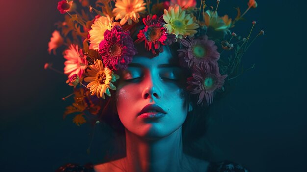 Ilustración de una mujer con peinado con flores en fondo oscuro imagen generada por IA
