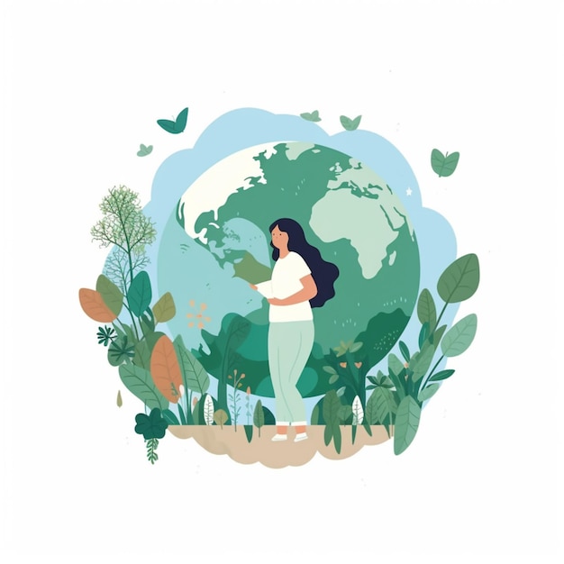 Ilustración de una mujer de pie frente a un globo rodeado de plantas generativas ai