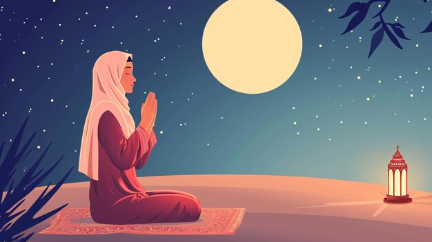 Ilustración de una mujer plana orando en Ramadán