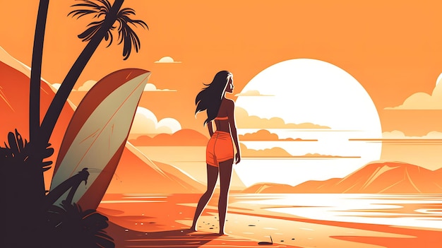 Una ilustración de una mujer en una playa mirando al mar.