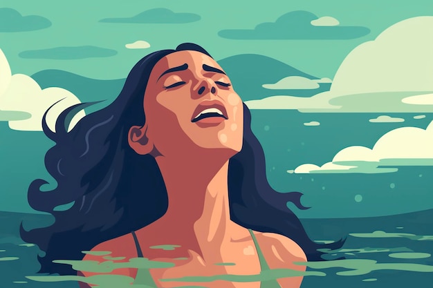 Ilustración de una mujer respirando aire en el mar