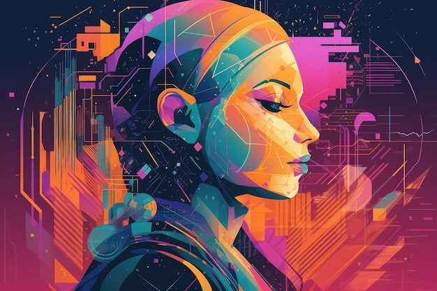 Foto ilustración de mujer robot futurista abstracta y retro con efecto de neón láser de varios colores