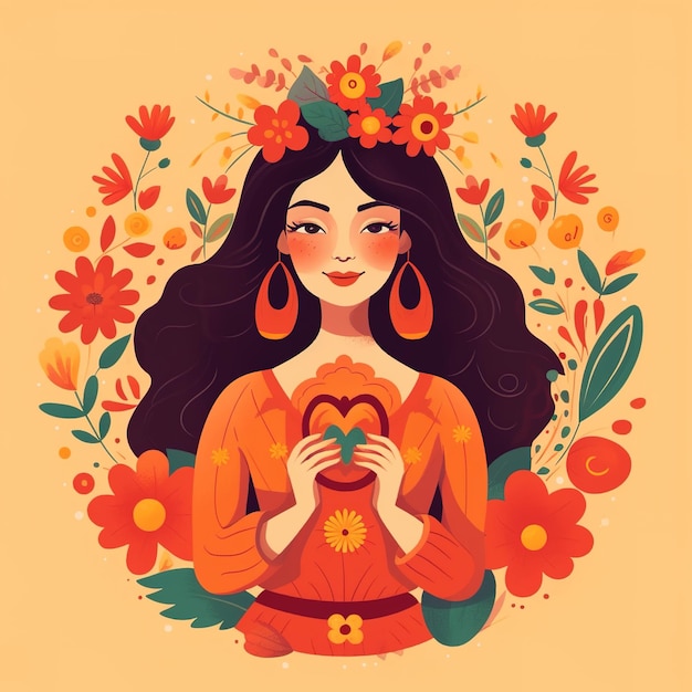 ilustración de una mujer rodeada de flores