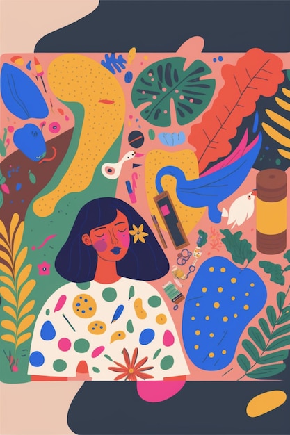 Una ilustración de una mujer rodeada de plantas generativas ai.